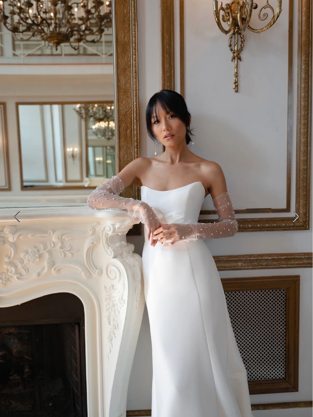 Jenny Yoo Sheer Pearl-Embellished Long Bridal Gloves in White - Picture 2 of 3